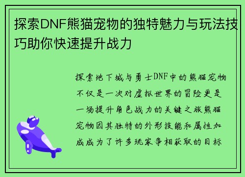 探索DNF熊猫宠物的独特魅力与玩法技巧助你快速提升战力